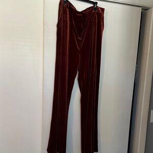 Skies Are Blue Velvet Wide-Leg pant suit in Wine/rust in appearance.